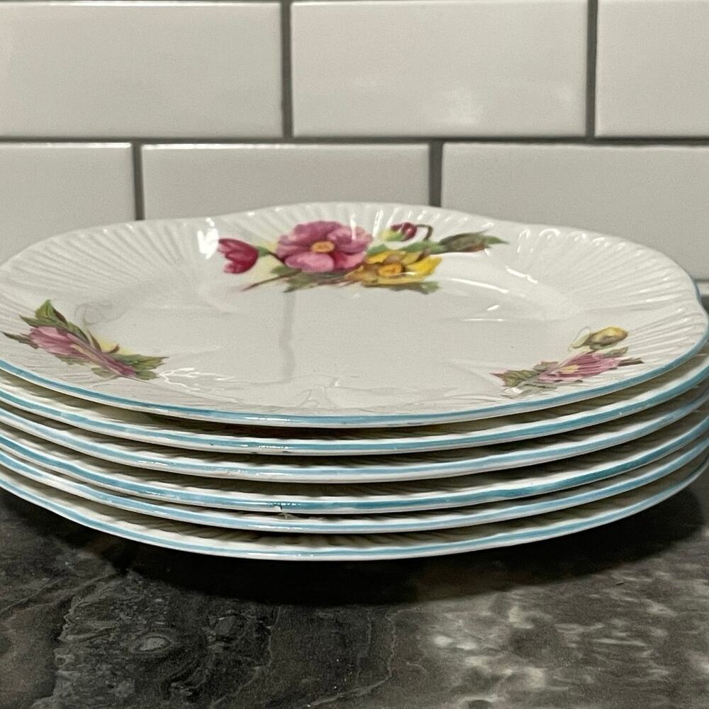 Set of 6 Shelley Begonia China Bread Plates White Pink Blue Replacement